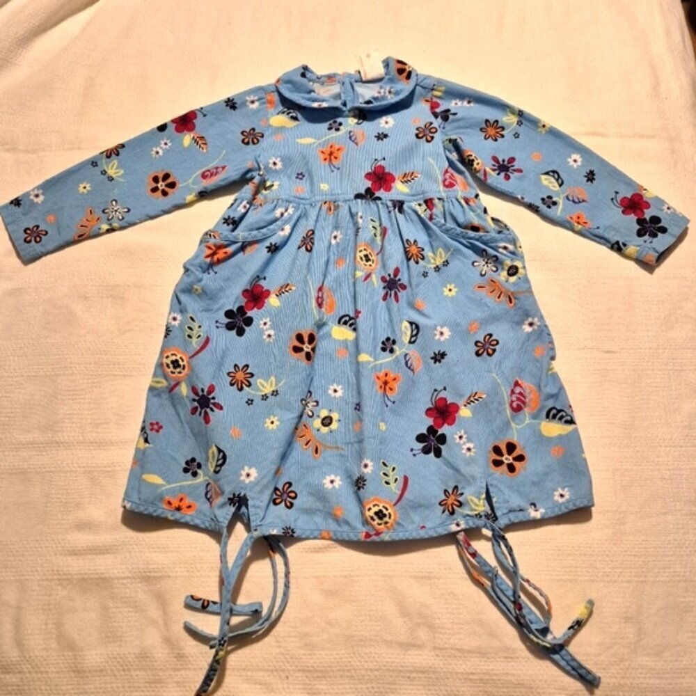 Hanna Andersson girls size 100 or 4 blue corduroy dress with with cute ties, GUC